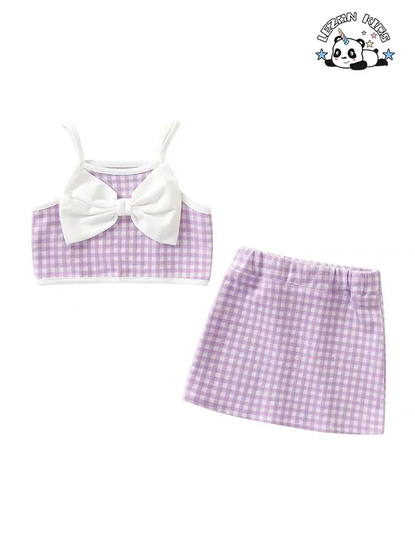 LEZONKIDS - Atacado de Alta Qualidade camiseta com alça de spaghetti e laço grande e saias boutique conjuntos de roupas femininas verão